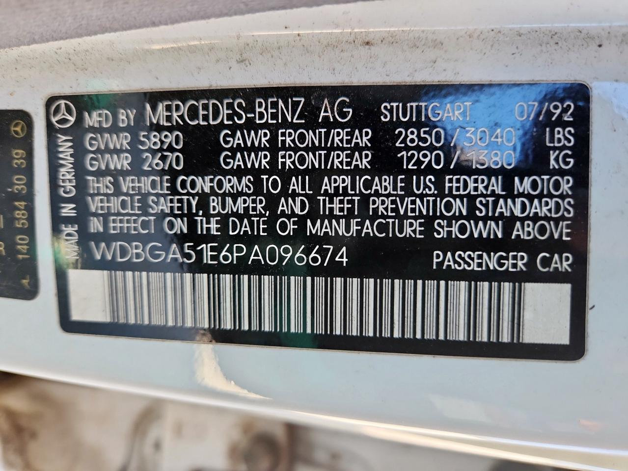 1993 Mercedes-benz 500 Sel White vin: WDBGA51E6PA096674