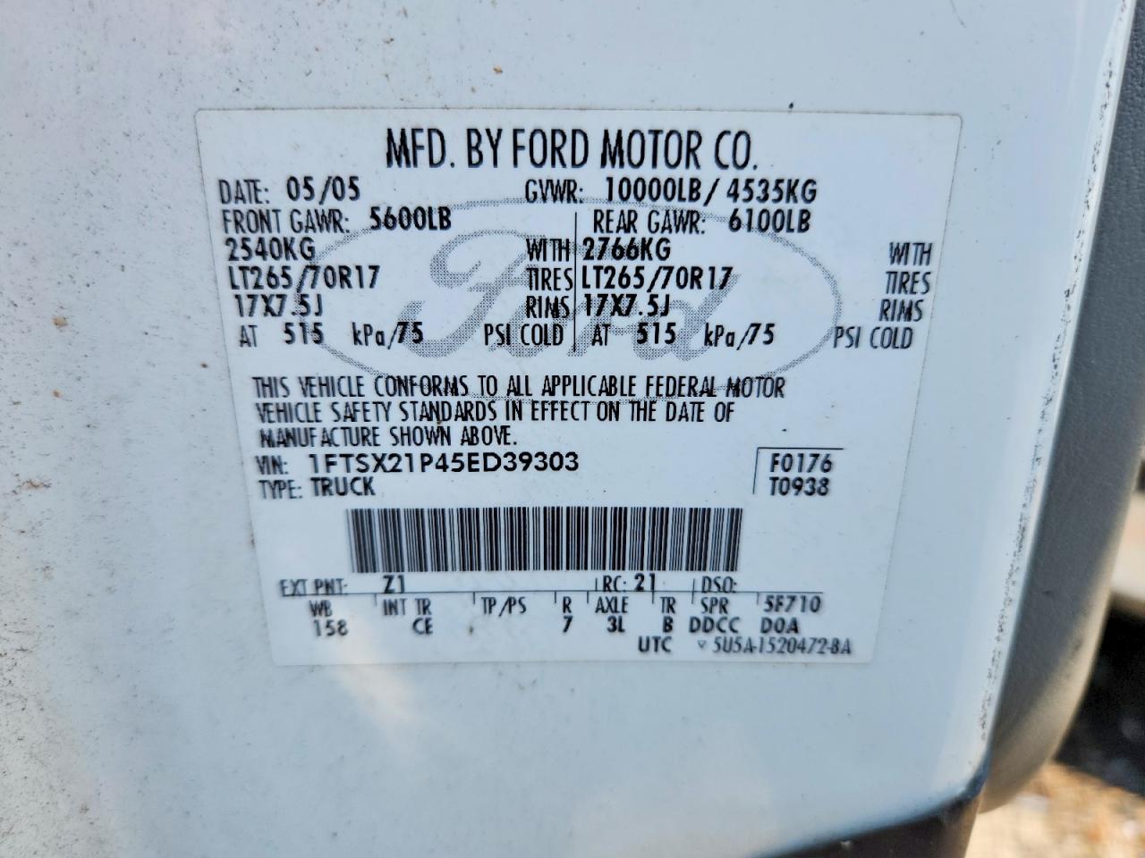 2005 Ford F250 Super Duty White vin: 1FTSX21P45ED39303