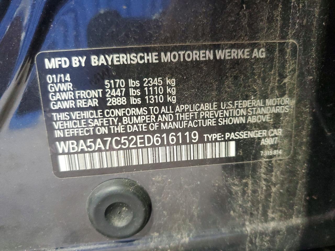 2014 Bmw 528 Xi Угольный vin: WBA5A7C52ED616119