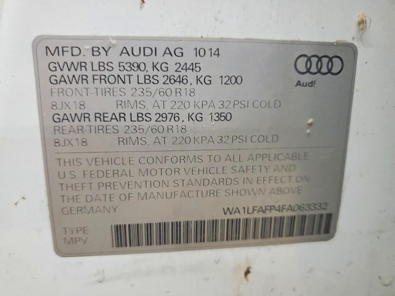2015 Audi Q5 Premium Plus White vin: WA1LFAFP4FA063332