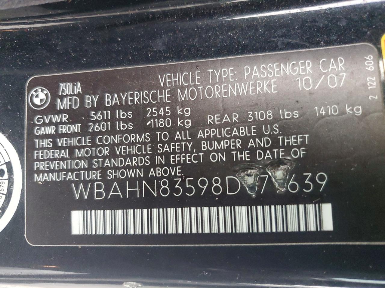 2008 Bmw 750 Li Black vin: WBAHN83598DT79639