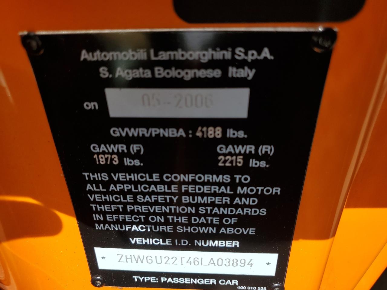2006 Lamborghini Gallardo Spyder Orange vin: ZHWGU22T46LA03894