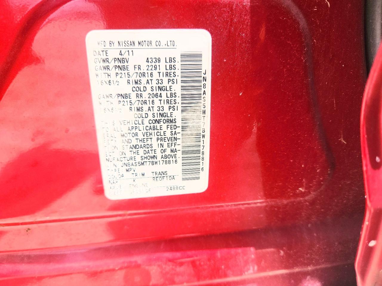 2011 Nissan Rogue S Red vin: JN8AS5MT7BW178816