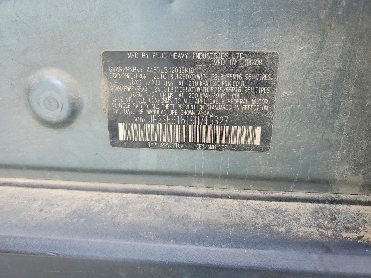 2009 Subaru Forester 2.5x Green vin: JF2SH61619H715327