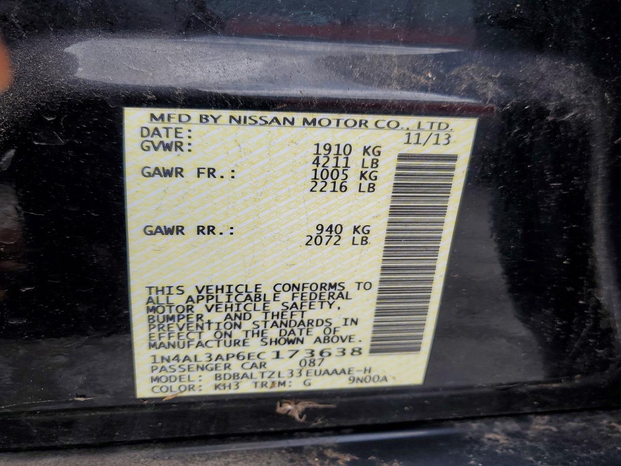 2014 Nissan Altima 2.5 Sv Black vin: 1N4AL3AP6EC173638