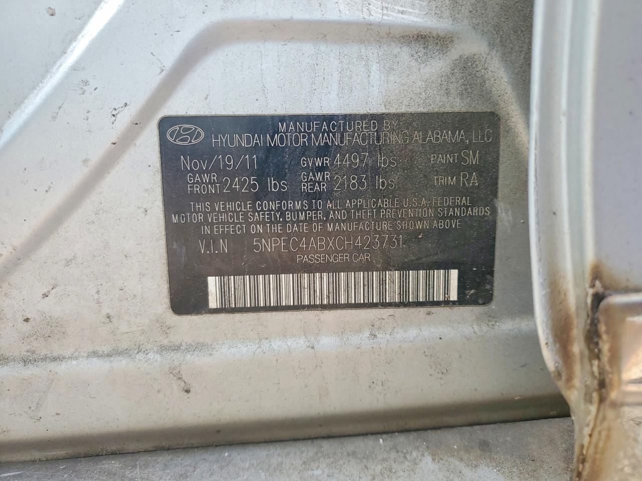 2012 Hyundai Sonata Se 2.0t Silver vin: 5NPEC4ABXCH423731