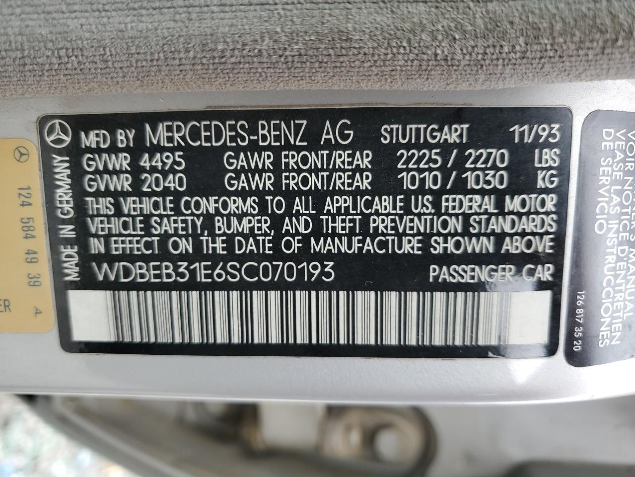 1995 Mercedes-benz E 300d Silver vin: WDBEB31E6SC070193
