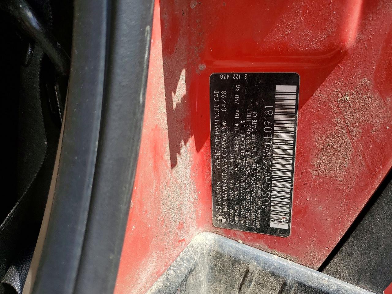 1998 Bmw Z3 1.9 Red vin: 4USCH7331WLE09181