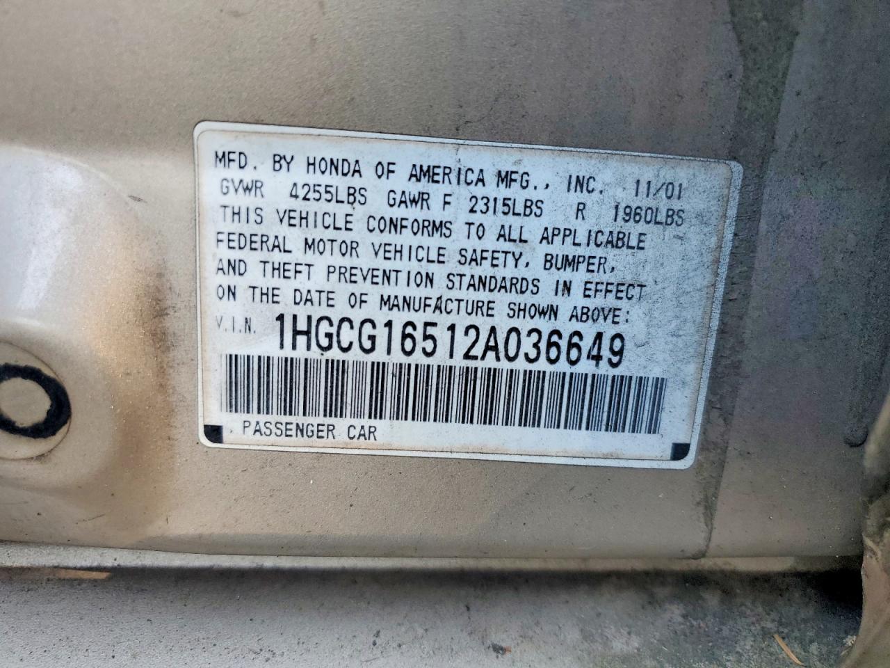 2002 Honda Accord Ex Желто-коричневый vin: 1HGCG16512A036649