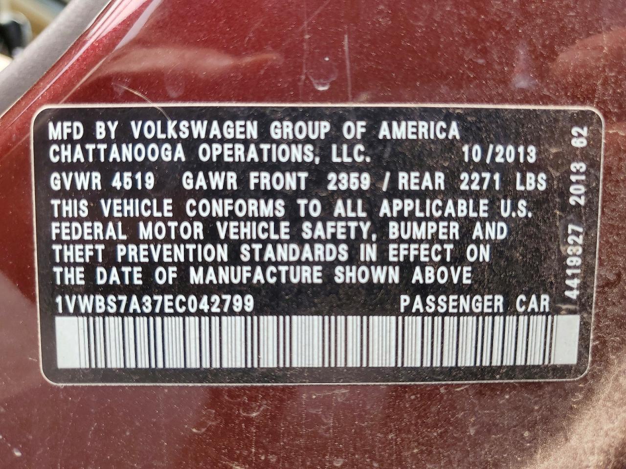 2014 Volkswagen Passat Se Maroon vin: 1VWBS7A37EC042799