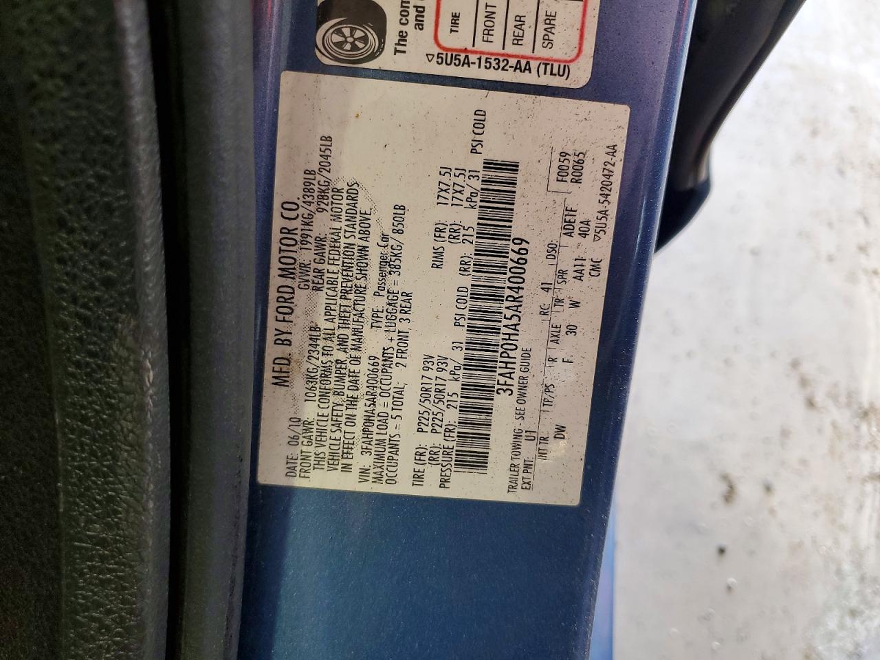 2010 Ford Fusion Se Blue vin: 3FAHP0HA5AR400669