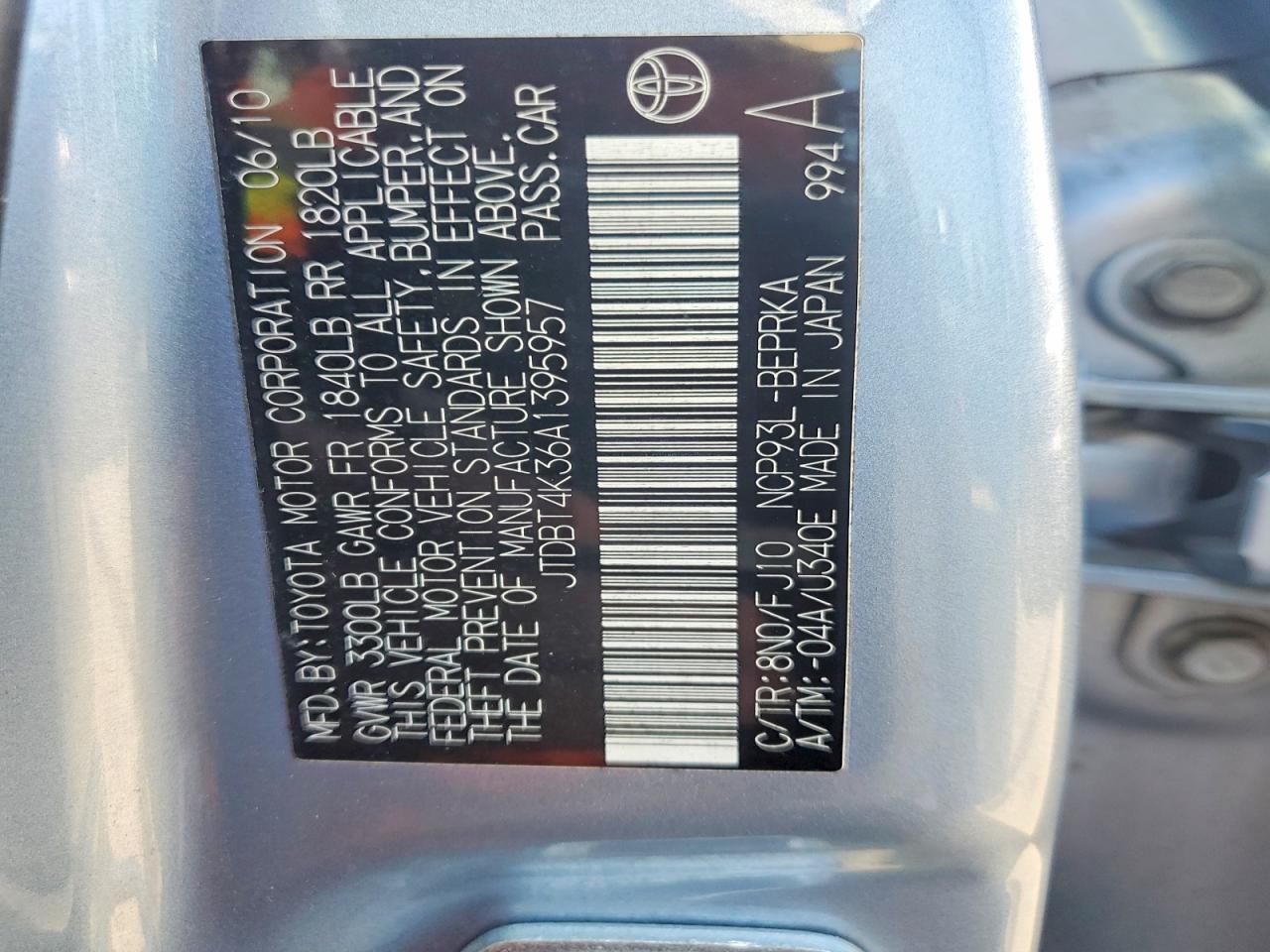 2010 Toyota Yaris Base Blue vin: JTDBT4K36A1395957