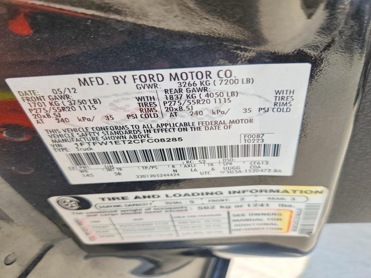 2012 Ford F150 Supercrew Black vin: 1FTFW1ET2CFC08285