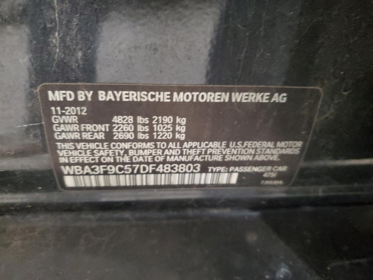 2013 Bmw Activehybrid 3 Черный vin: WBA3F9C57DF483803