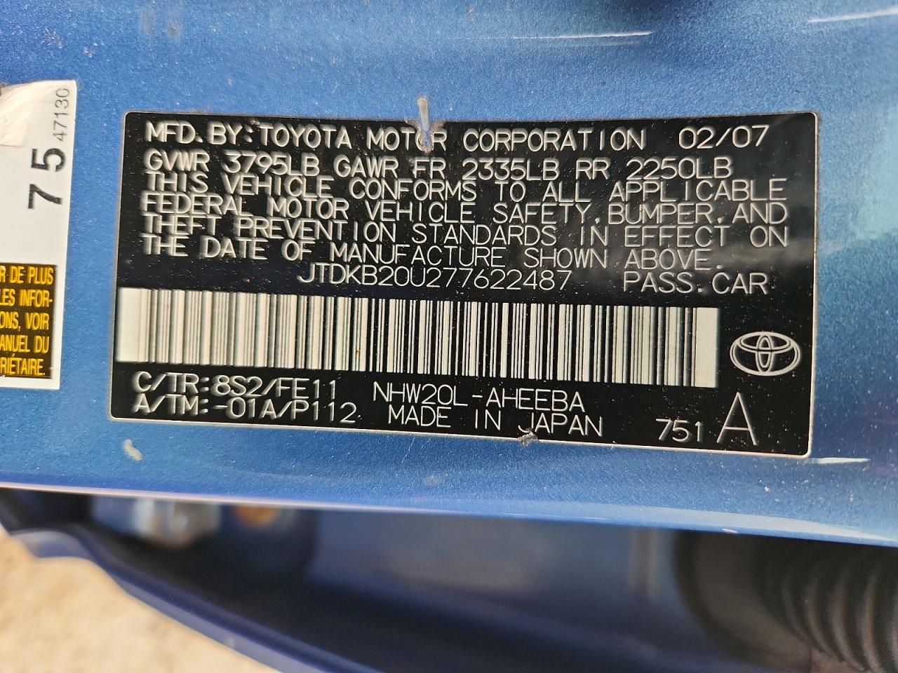 2007 Toyota Prius Base Blue vin: JTDKB20U277622487