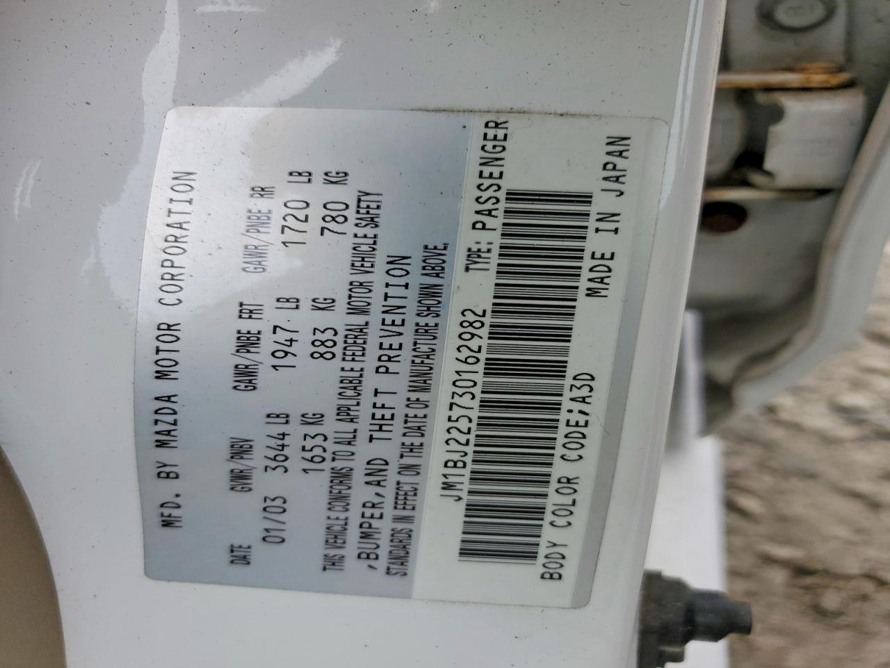 2003 Mazda Protege Dx White vin: JM1BJ225730162982