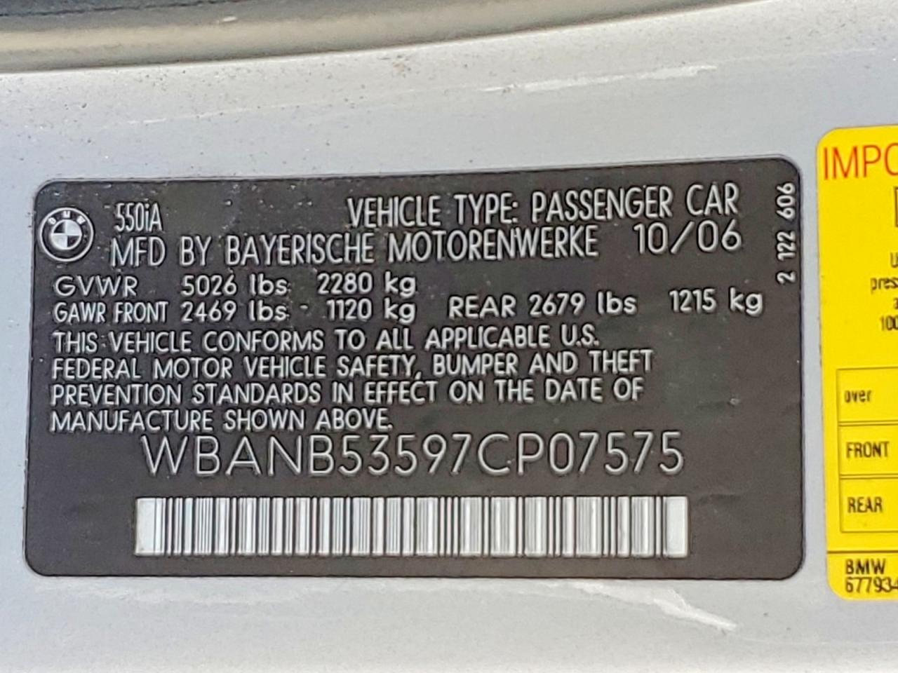 2007 Bmw 550 I Silver vin: WBANB53597CP07575
