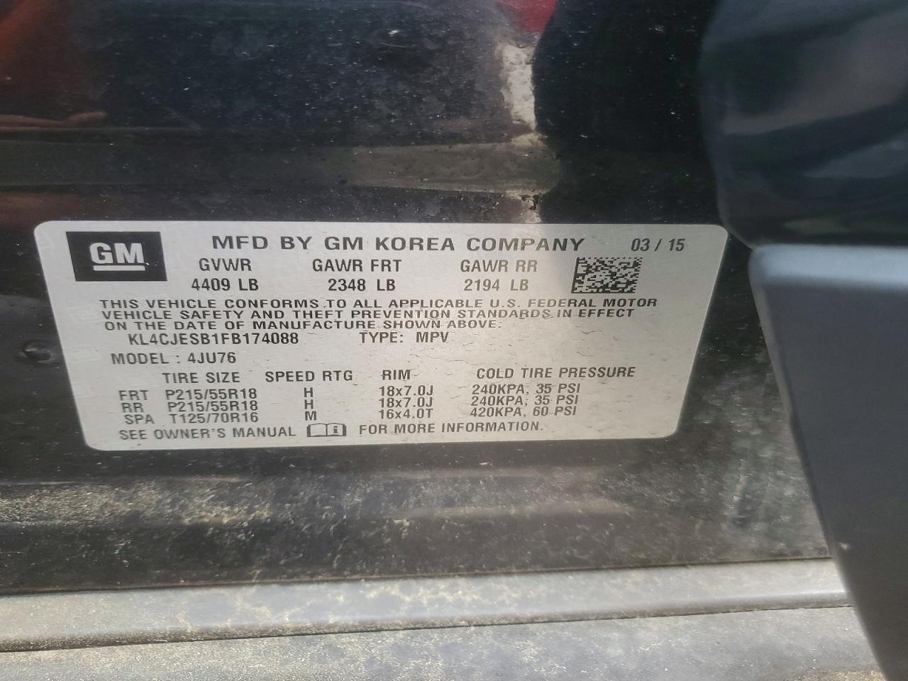2015 Buick Encore Black vin: KL4CJESB1FB174088