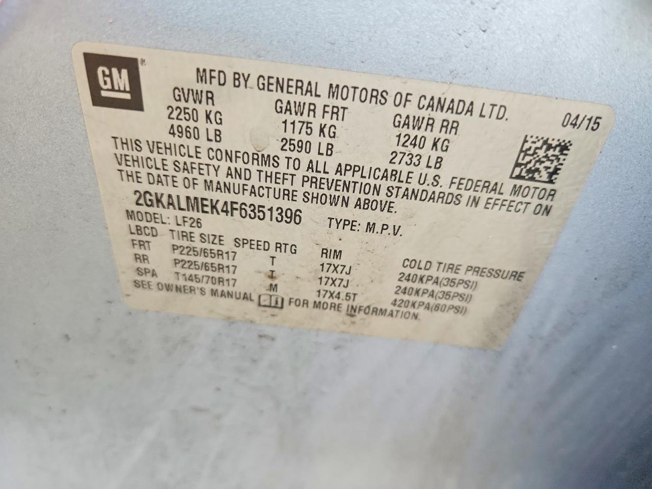 2015 Gmc Terrain Sle Blue vin: 2GKALMEK4F6351396