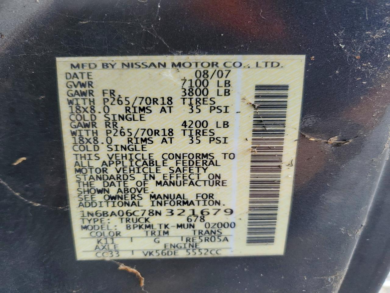 2008 Nissan Titan Xe Ffv Charcoal vin: 1N6BA06C78N321679