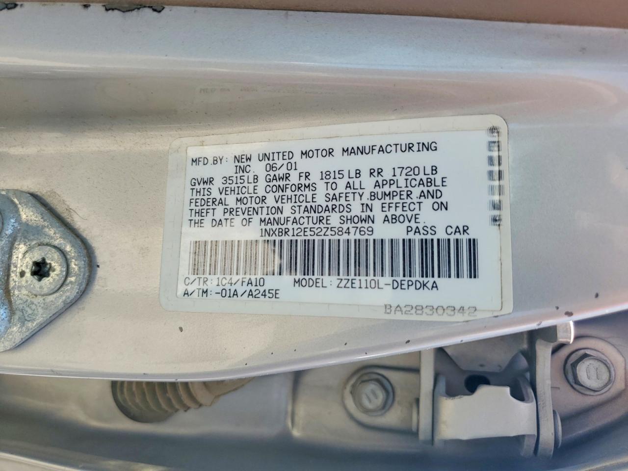 2002 Toyota Corolla Le Silver vin: 1NXBR12E52Z584769