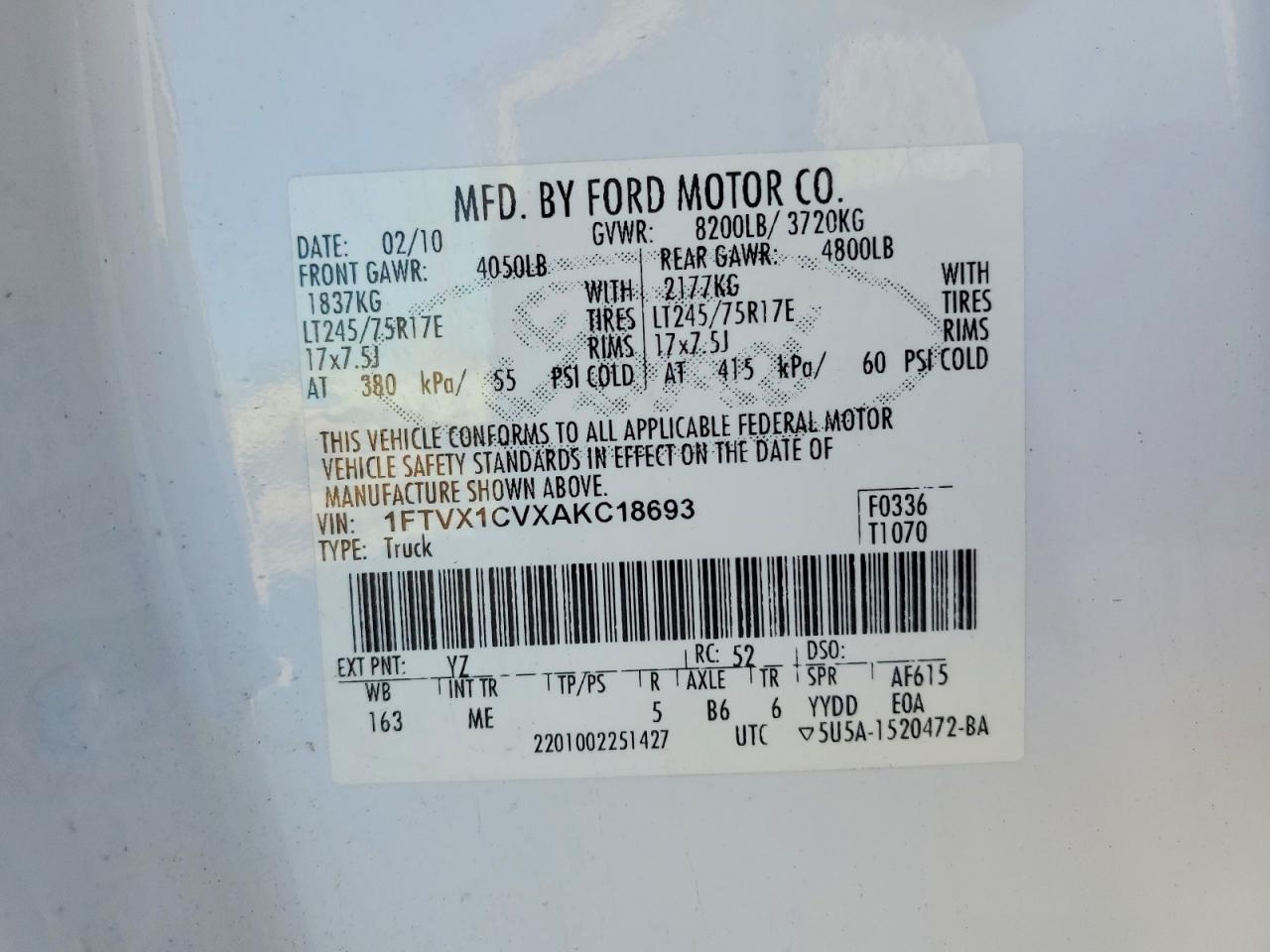 2010 Ford F150 Super Cab Белый vin: 1FTVX1CVXAKC18693