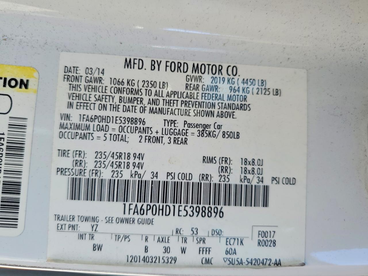 2014 Ford Fusion Se White vin: 1FA6P0HD1E5398896