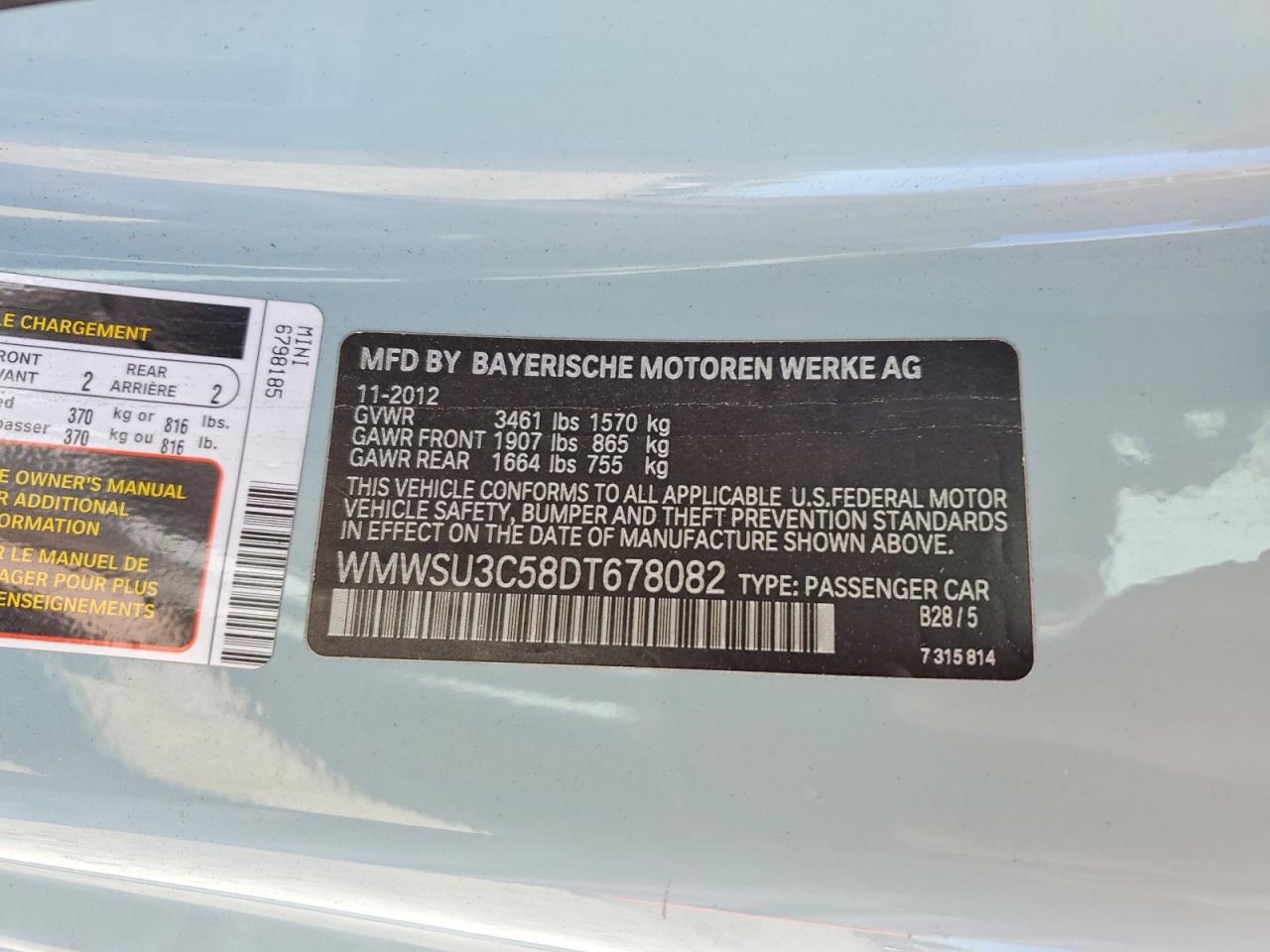 2013 Mini Cooper Turquoise vin: WMWSU3C58DT678082