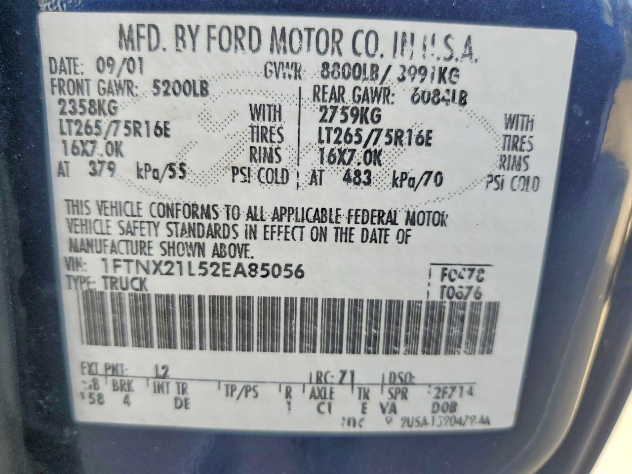 2002 Ford F250 Super Duty Blue vin: 1FTNX21L52EA85056