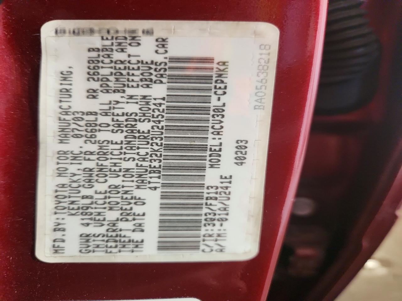 2003 Toyota Camry Le Burgundy vin: 4T1BE32K23U245241