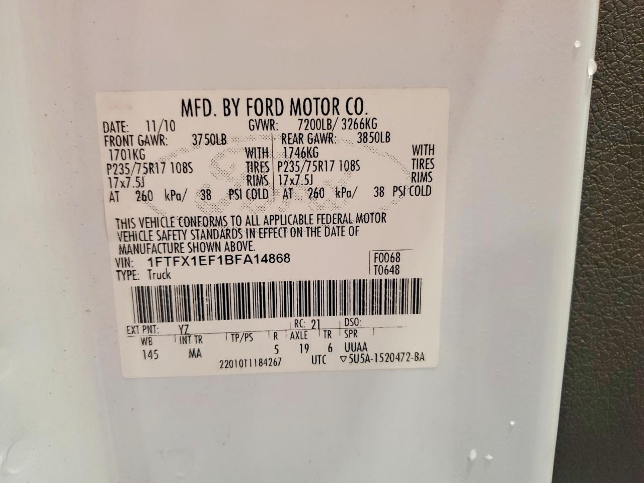 2011 Ford F150 Super Cab White vin: 1FTFX1EF1BFA14868