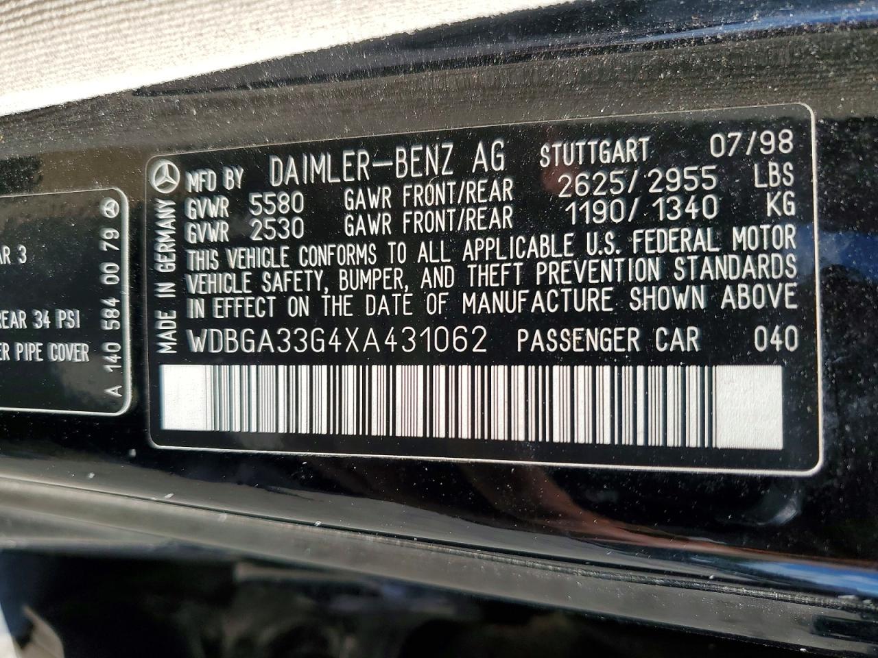 1999 Mercedes-benz S 320 Черный vin: WDBGA33G4XA431062