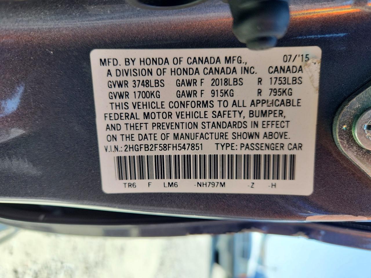 2015 Honda Civic Lx Charcoal vin: 2HGFB2F58FH547851