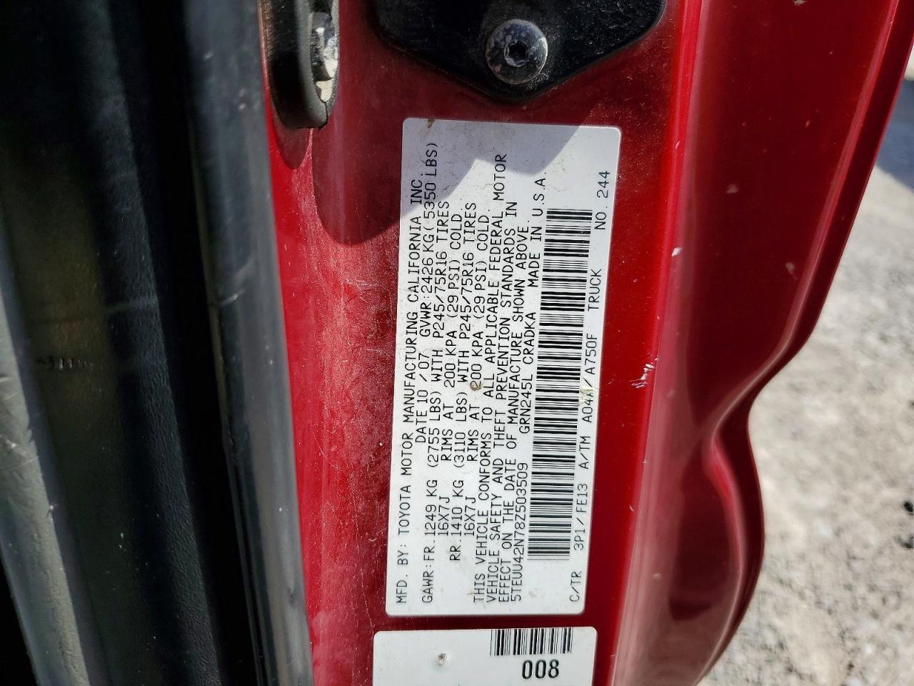 2008 Toyota Tacoma V6 Red vin: 5TEUU42N78Z503509