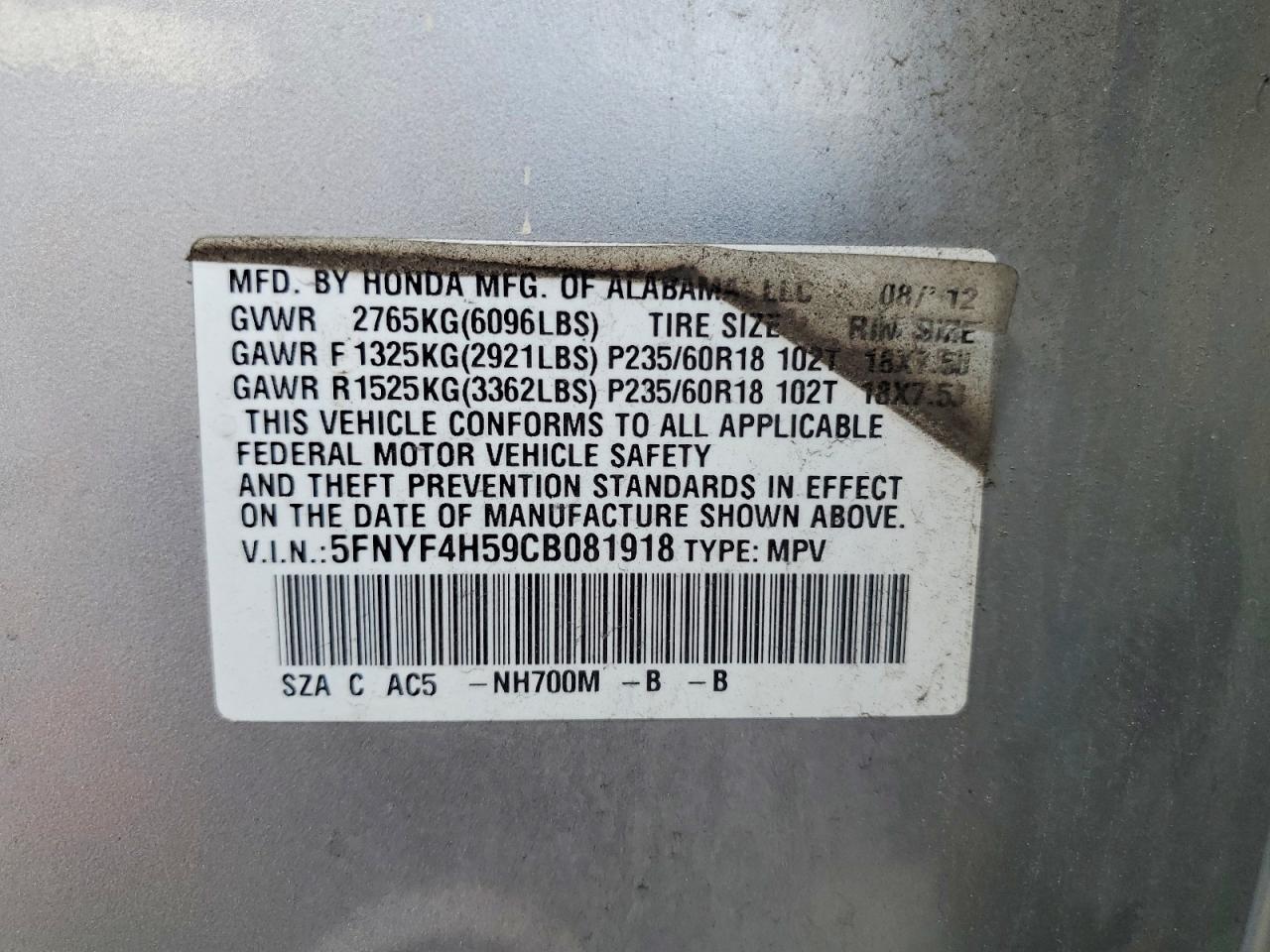 2012 Honda Pilot Exl Silver vin: 5FNYF4H59CB081918