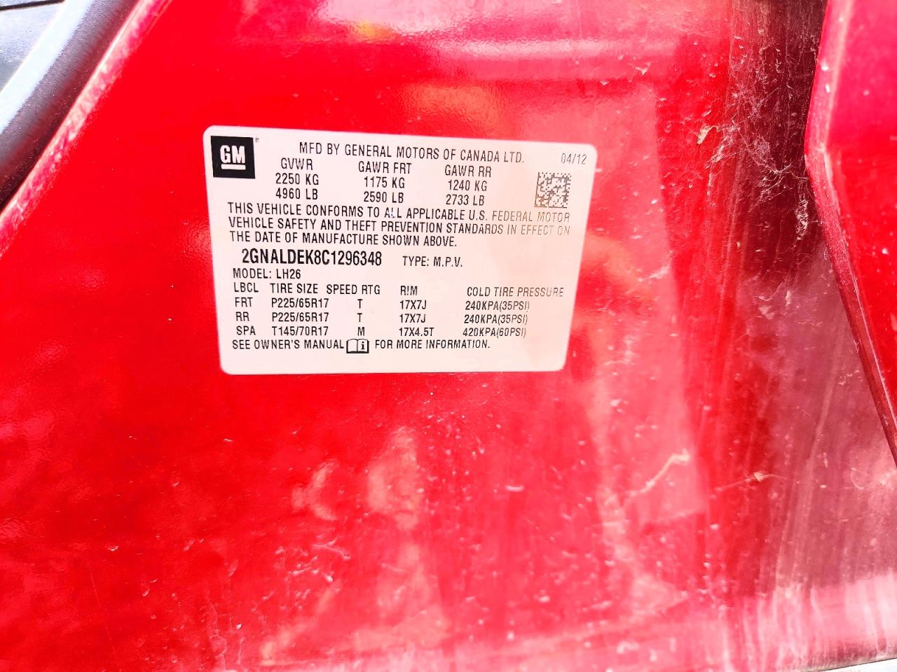 2012 Chevrolet Equinox Lt Red vin: 2GNALDEK8C1296348