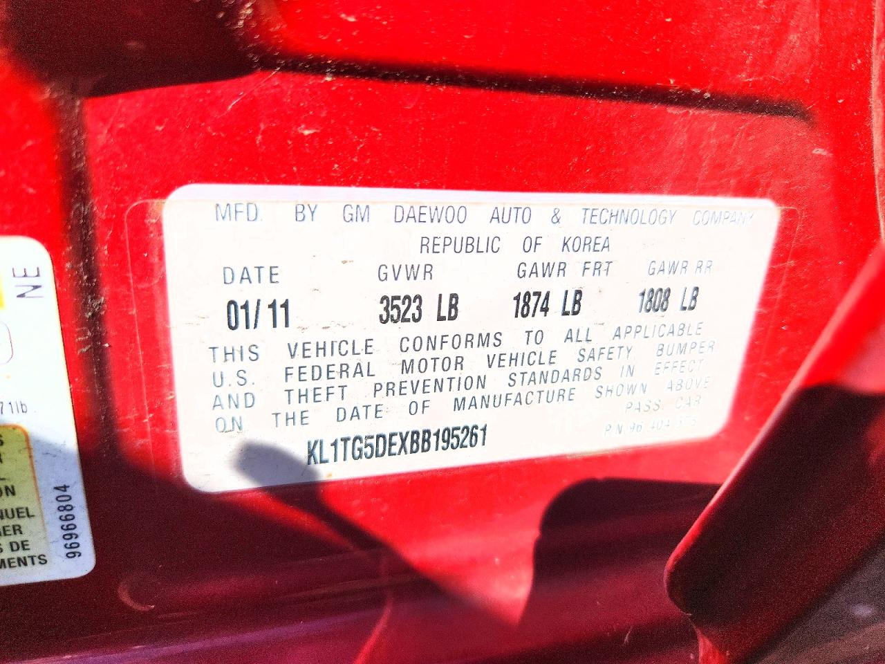 2011 Chevrolet Aveo Lt Red vin: KL1TG5DEXBB195261