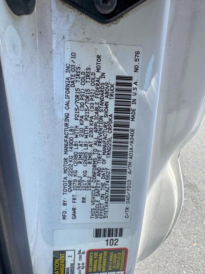 2010 Toyota Tacoma Base White vin: 5TETX4CN7AZ745627