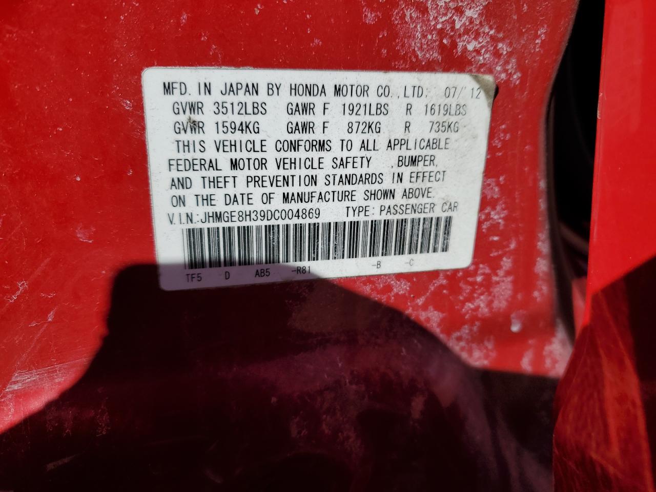 2013 Honda Fit Red vin: JHMGE8H39DC004869
