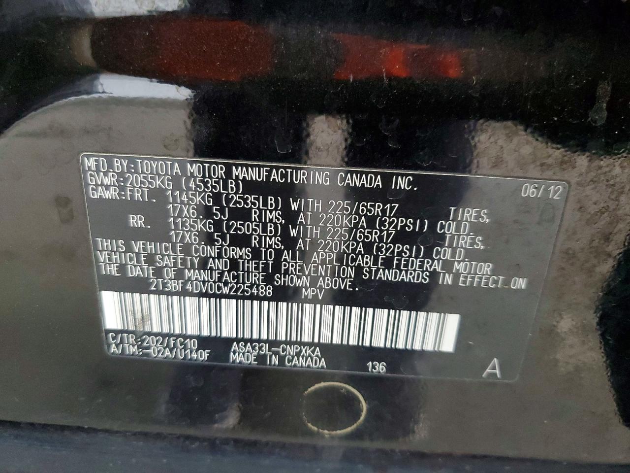 2012 Toyota Rav4 Base Black vin: 2T3BF4DV0CW225488
