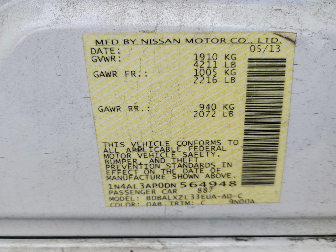 2013 Nissan Altima 2.5 White vin: 1N4AL3AP0DN564948