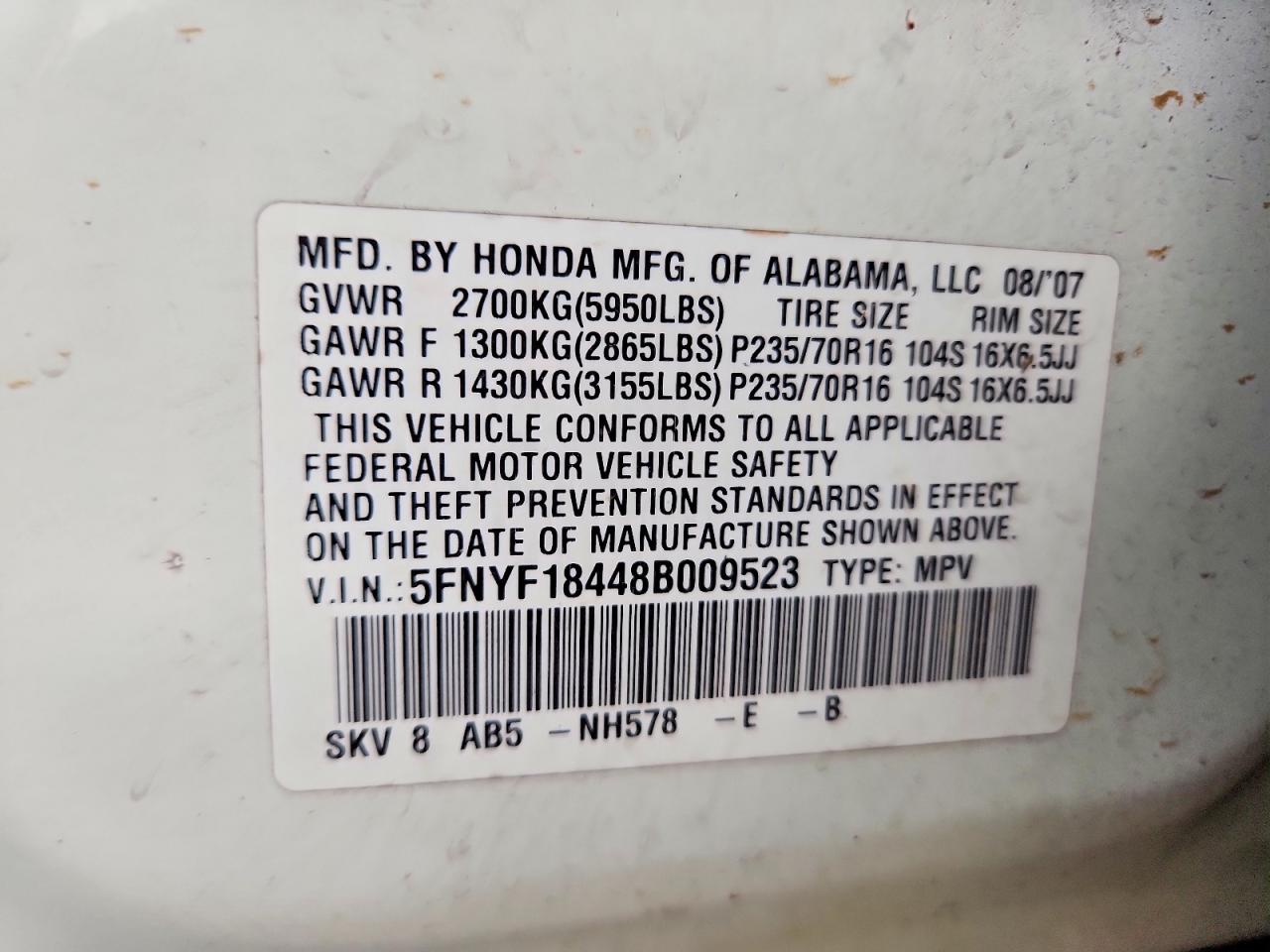 2008 Honda Pilot Ex White vin: 5FNYF18448B009523