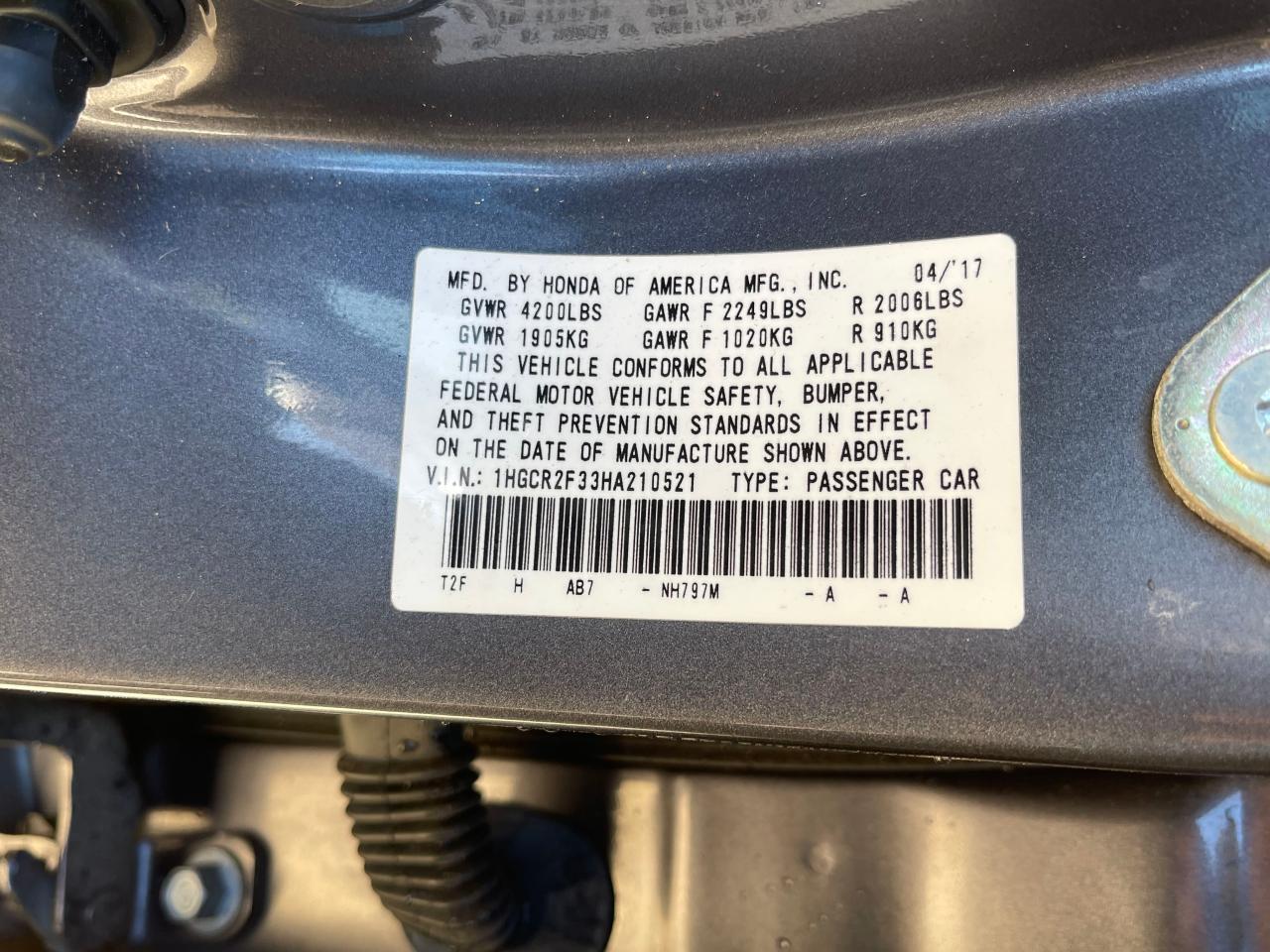 2017 Honda Accord Lx Gray vin: 1HGCR2F33HA210521