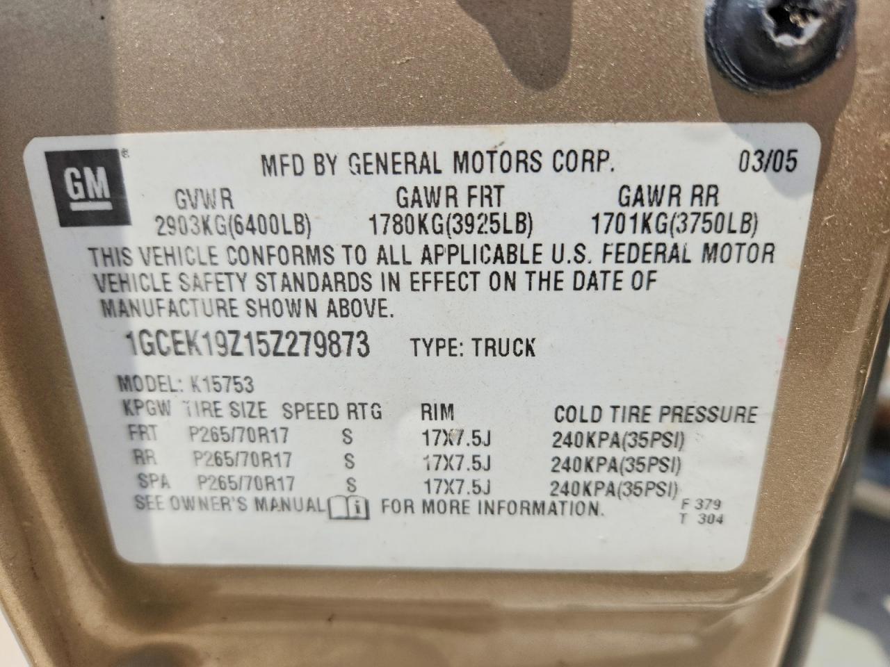 2005 Chevrolet Silverado K1500 Tan vin: 1GCEK19Z15Z279873