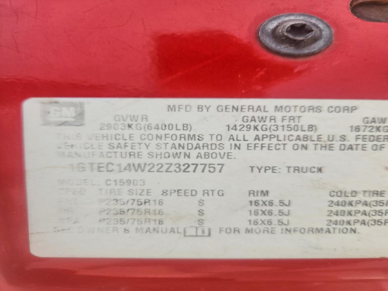 2002 Gmc New Sierra C1500 Red vin: 1GTEC14W22Z327757