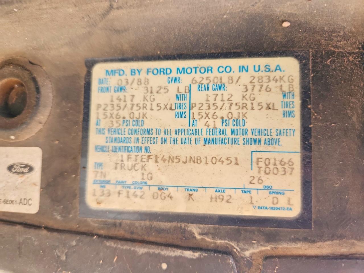 1988 Ford F150 Blue vin: 1FTEF14N5JNB10451