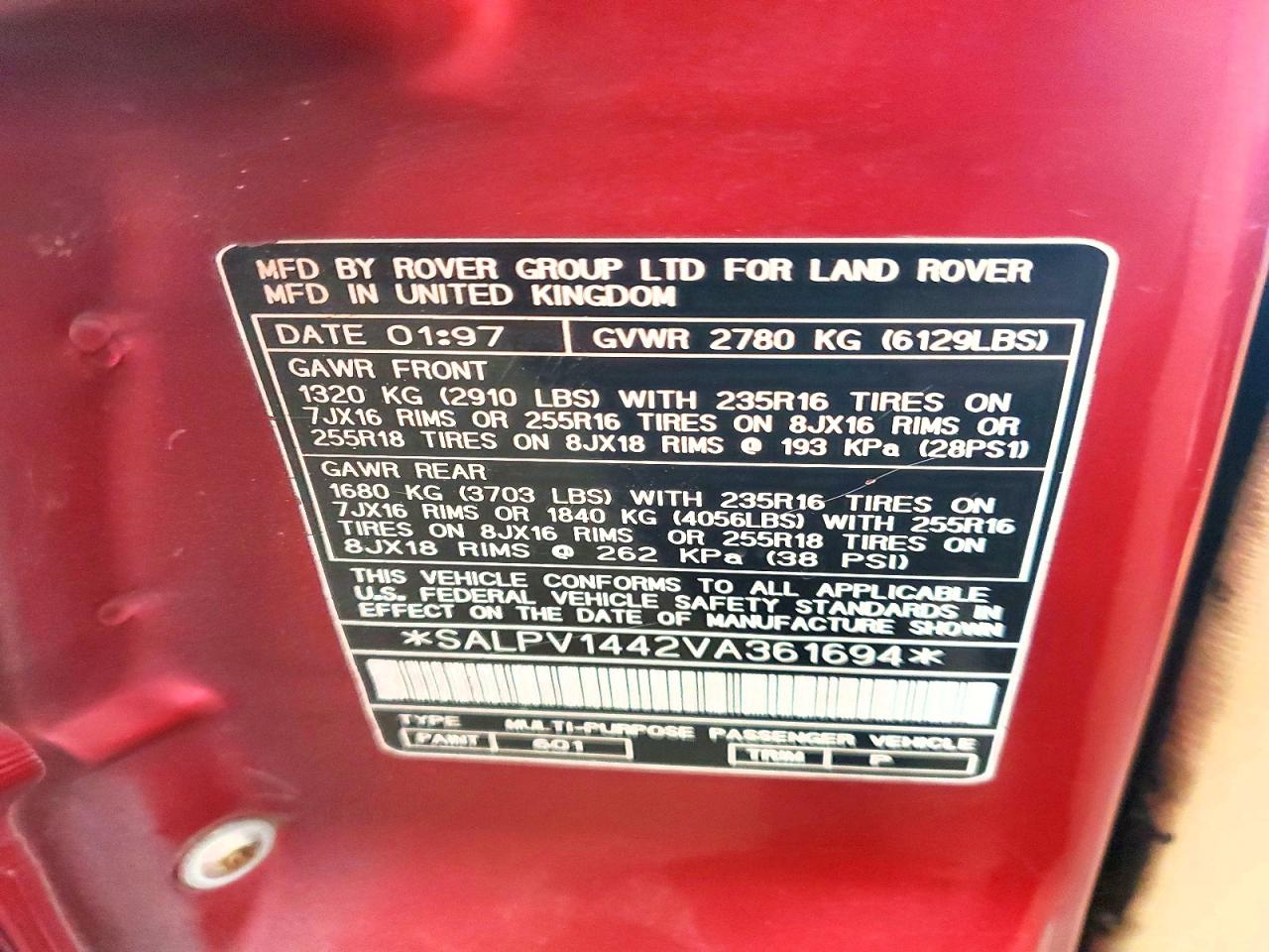 1997 Land Rover Range Rover 4.6 Hse Long Wheelbase Red vin: SALPV1442VA361694
