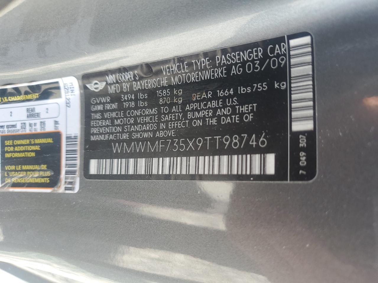 2009 Mini Cooper S Gray vin: WMWMF735X9TT98746