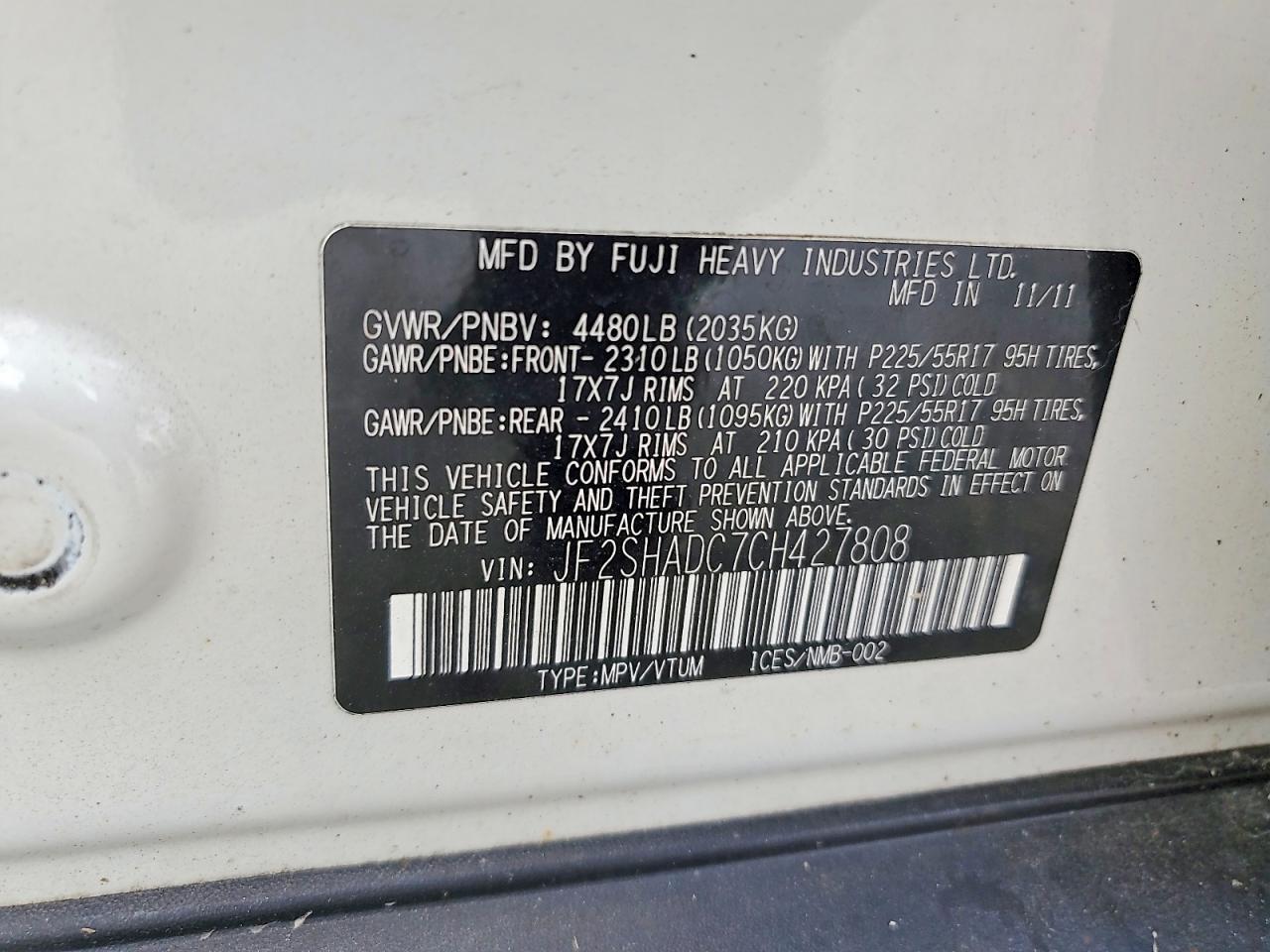 2012 Subaru Forester 2.5x Premium White vin: JF2SHADC7CH427808