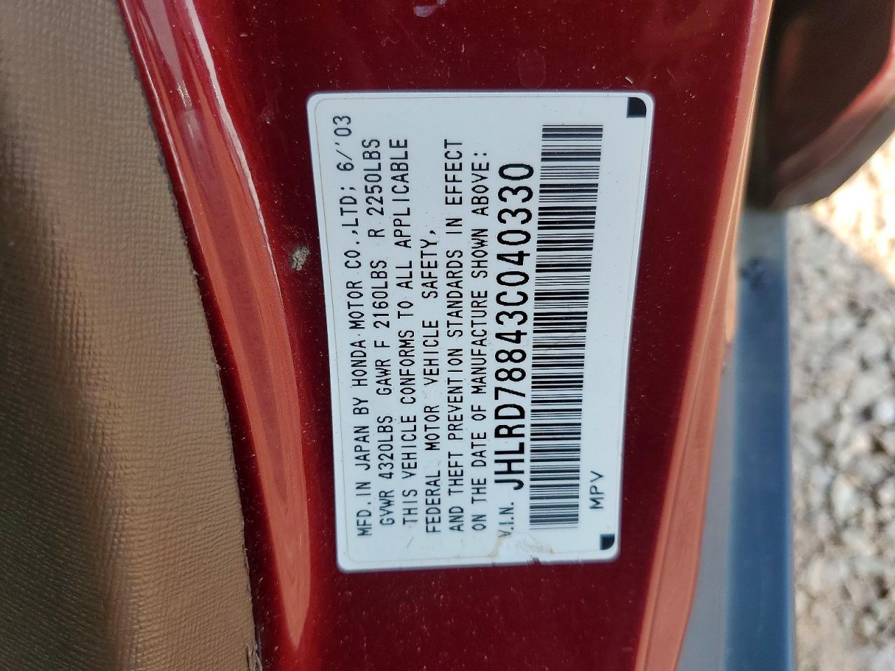 2003 Honda Cr-v Ex Red vin: JHLRD78843C040330
